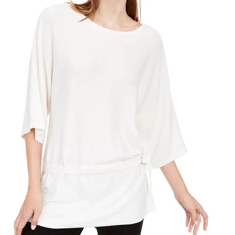 NEW! Alfani 3/4-Sleeve Tie-Hem Tunic Sweater in Ivory